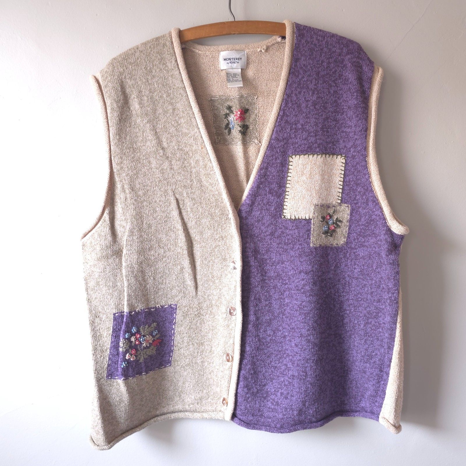Vintage Monterey Sweater Vest Button Down Purple Cottage Patch Embroidery Y2k L